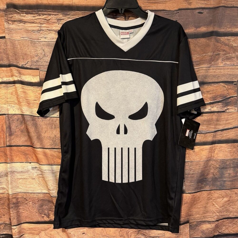 Marvel Punisher Football Jersey Shirt Mens Small S Black Skull V Neck 74 NWT New